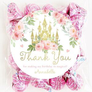 Princess Birthday Stickers, Princess Castle Birthday Party Favor Stickers, Party